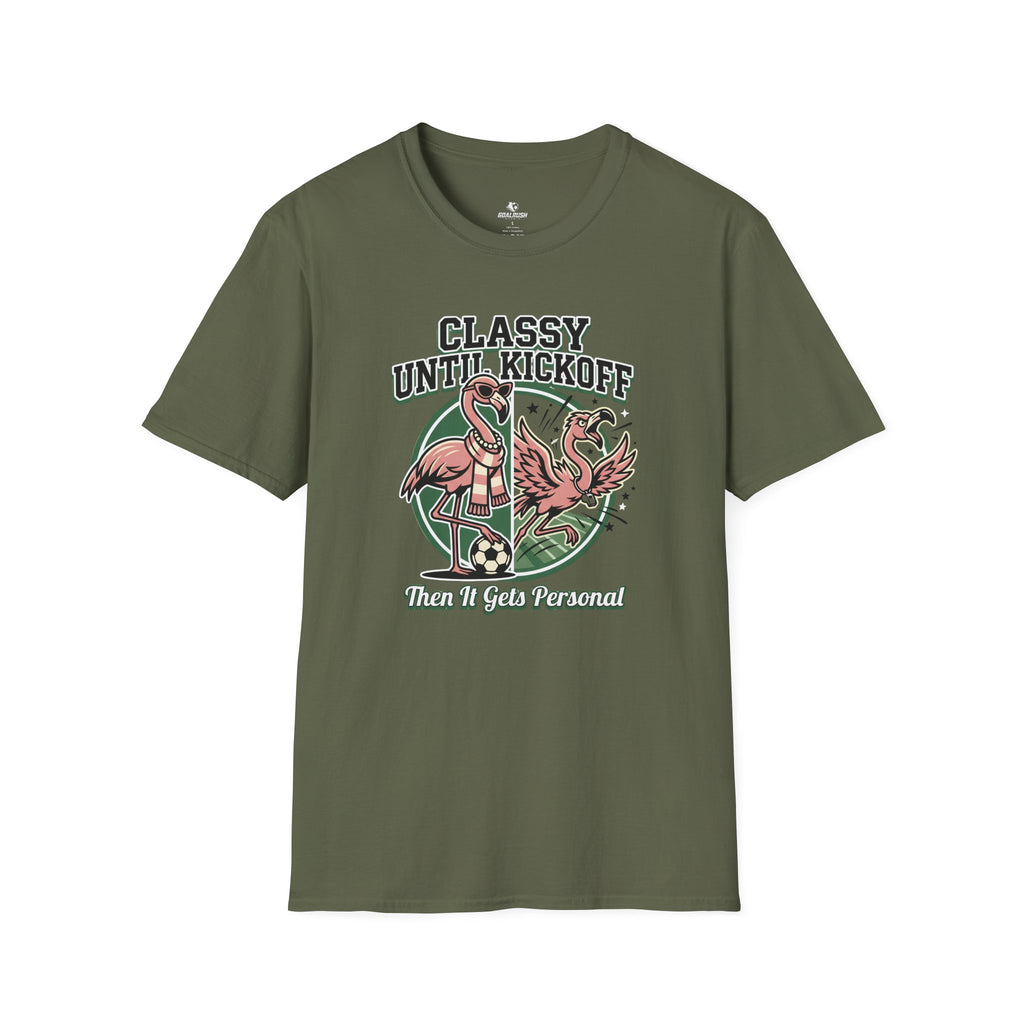 Funny Flamingo - Classy Until Kickoff Soccer T-Shirt