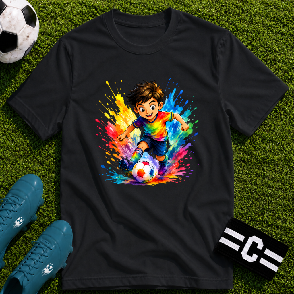 Colourful Cartoon Soccer Boy Graphic T-Shirt