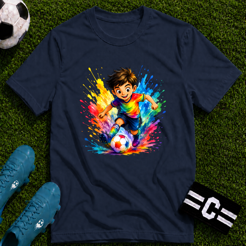 Colourful Cartoon Soccer Boy Graphic T-Shirt
