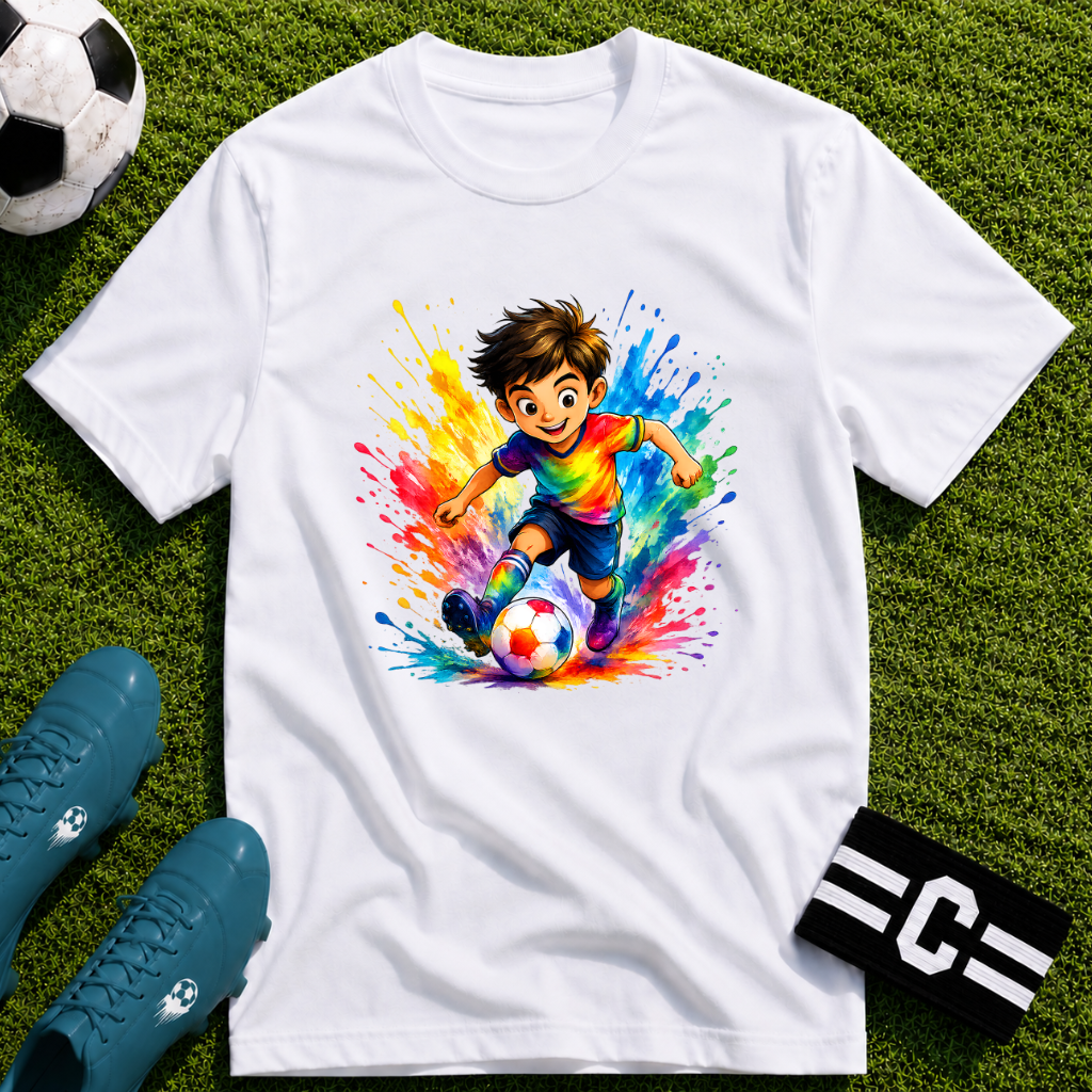 Colourful Cartoon Soccer Boy Graphic T-Shirt