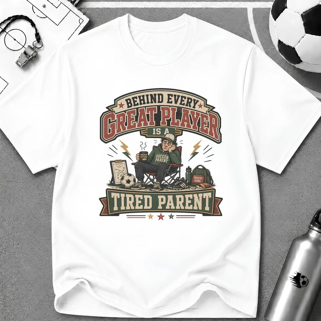 Behind Every Great Player Is a Tired Parent T-Shirt - soccer fan t-shirt | GoalRush Studio
