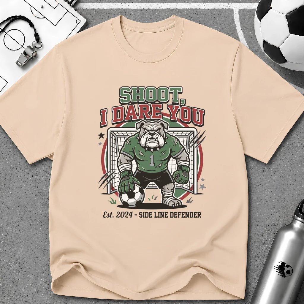 Bulldog Goalkeeper Shoot I Dare You Soccer Graphic T-Shirt - soccer fan t-shirt | GoalRush Studio