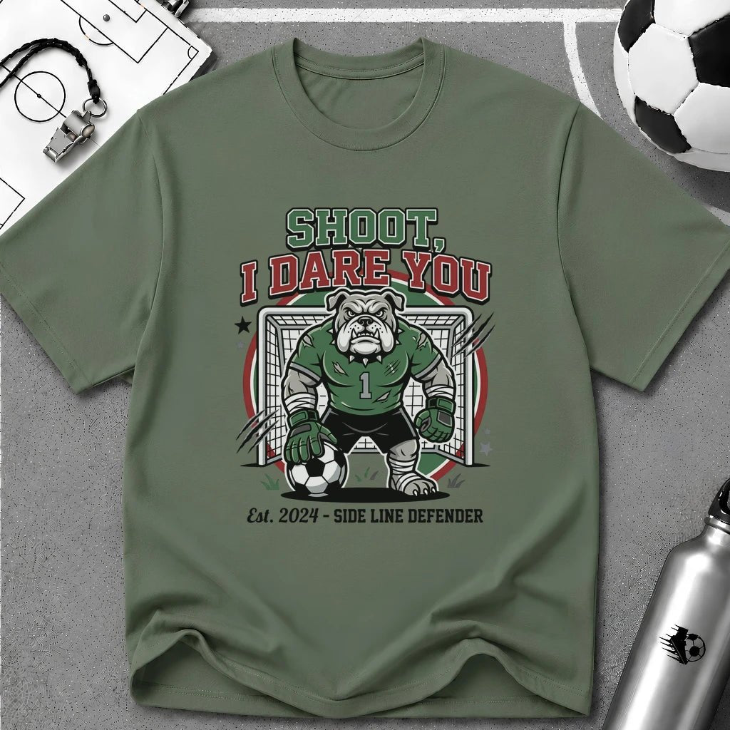 Bulldog Goalkeeper Shoot I Dare You Soccer Graphic T-Shirt - soccer fan t-shirt | GoalRush Studio