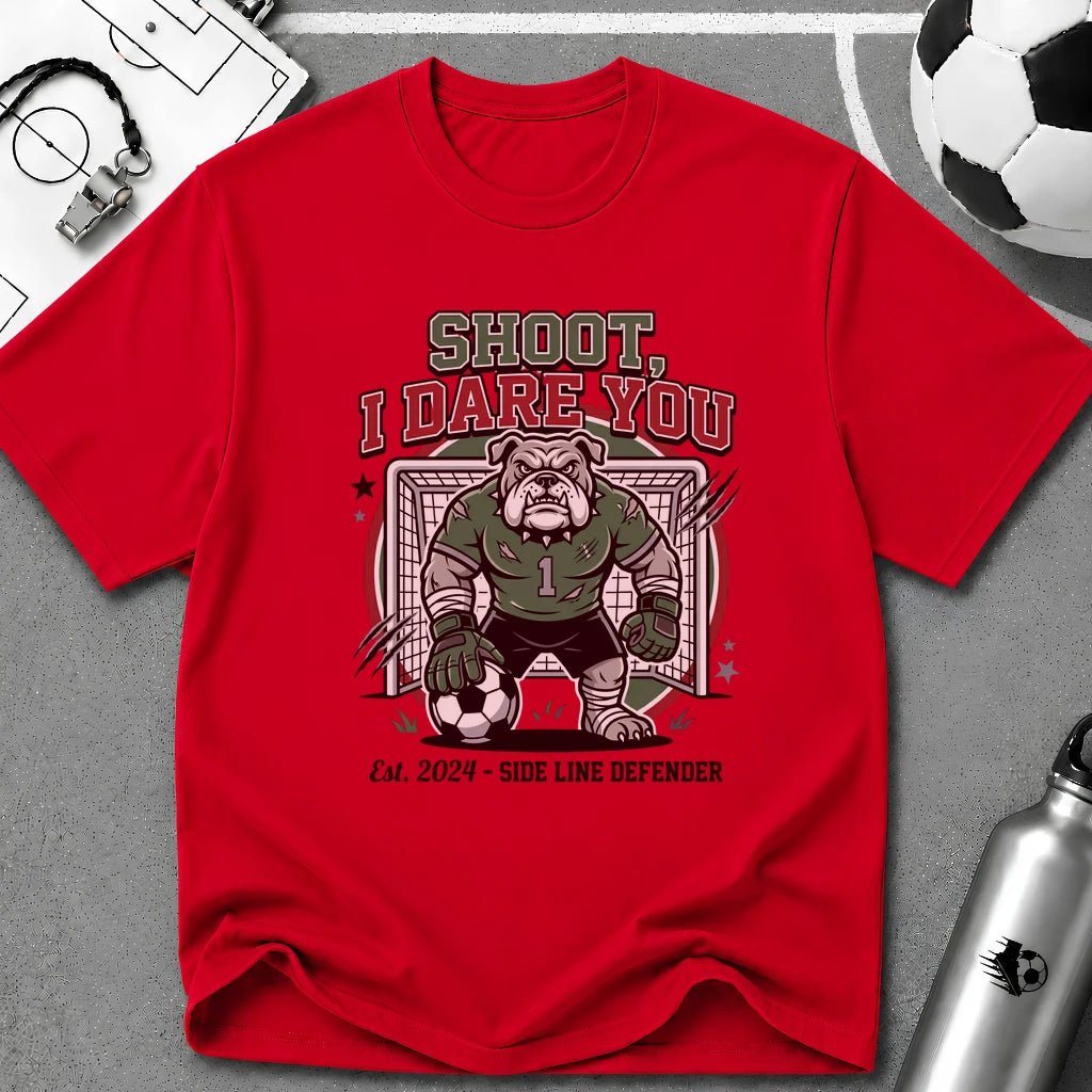 Bulldog Goalkeeper Shoot I Dare You Soccer Graphic T-Shirt - soccer fan t-shirt | GoalRush Studio