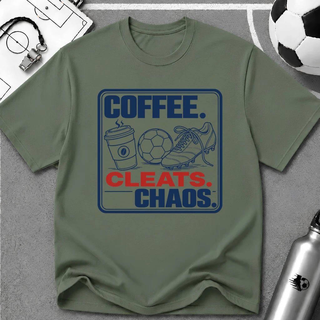 Coffee Cleats Chaos Graphic T-Shirt - soccer fan t-shirt | GoalRush Studio