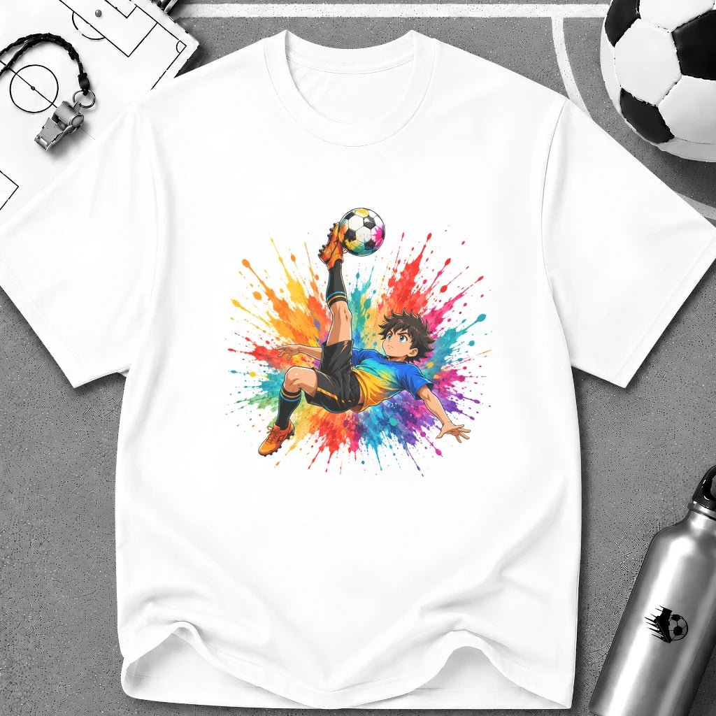 Colourful Cartoon Soccer Boy Bicycle Kick T-Shirt - soccer fan t-shirt | GoalRush Studio