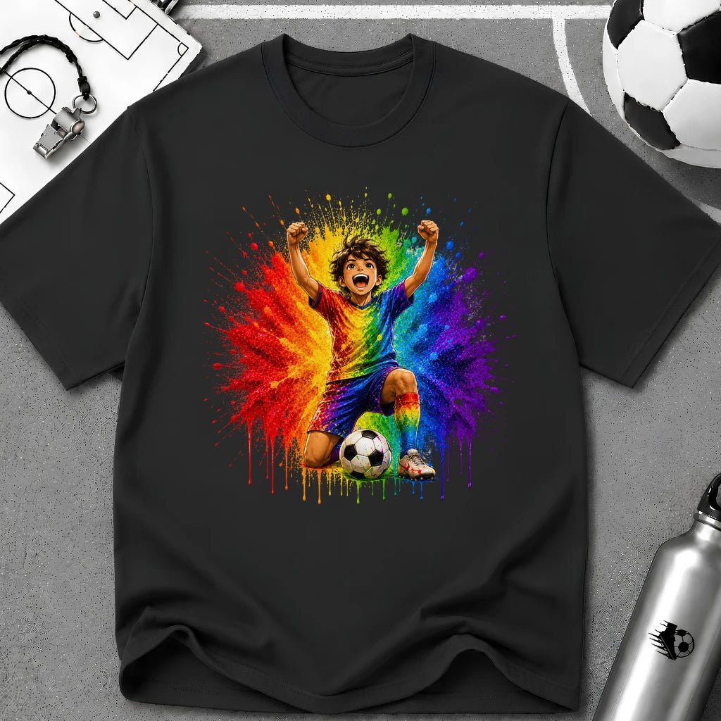 Colourful Cartoon Soccer Boy Celebration T-Shirt - soccer fan t-shirt | GoalRush Studio