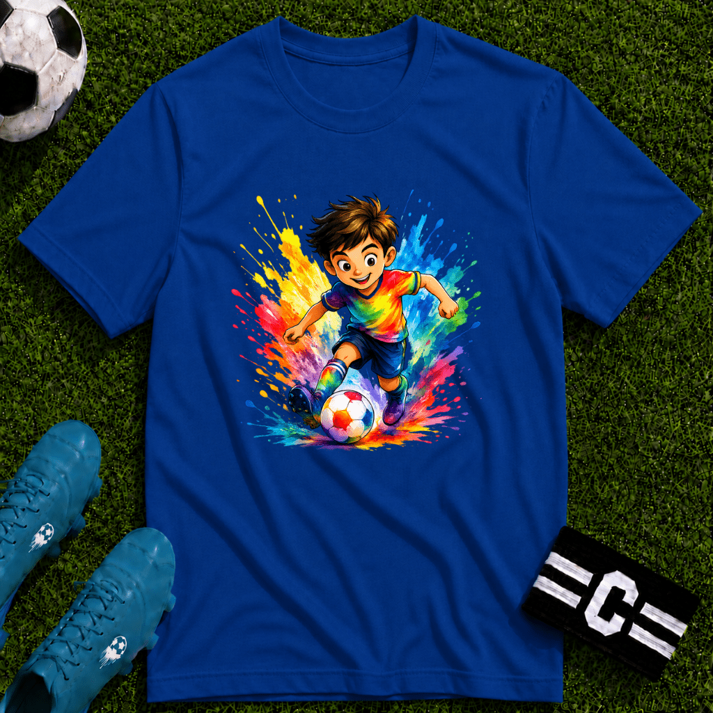 Colourful Cartoon Soccer Boy Graphic T-Shirt - soccer fan t-shirt | GoalRush Studio