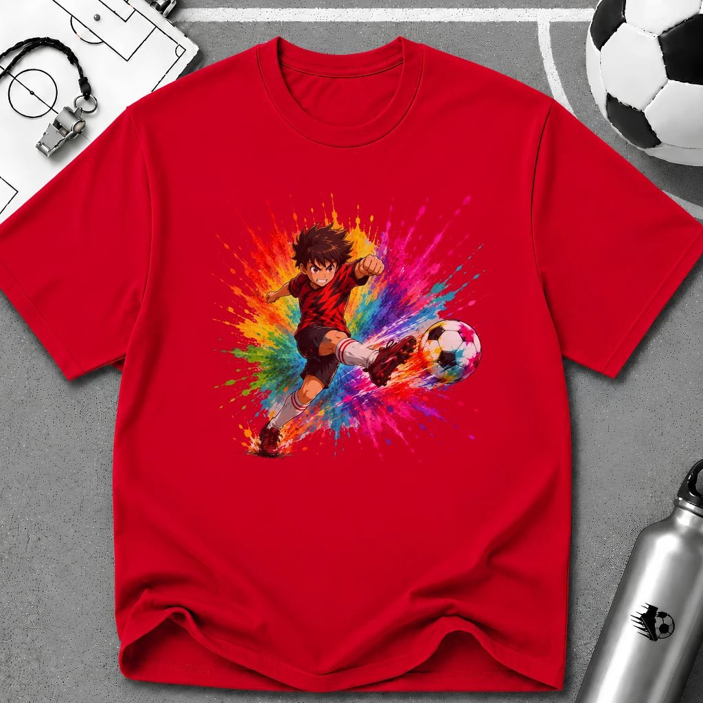 Colourful Cartoon Soccer Boy Powerful Strike T-Shirt - soccer fan t-shirt | GoalRush Studio