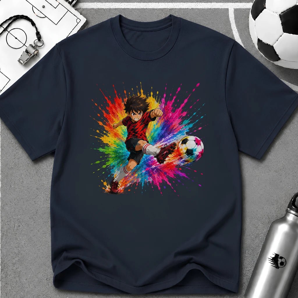 Colourful Cartoon Soccer Boy Powerful Strike T-Shirt - soccer fan t-shirt | GoalRush Studio