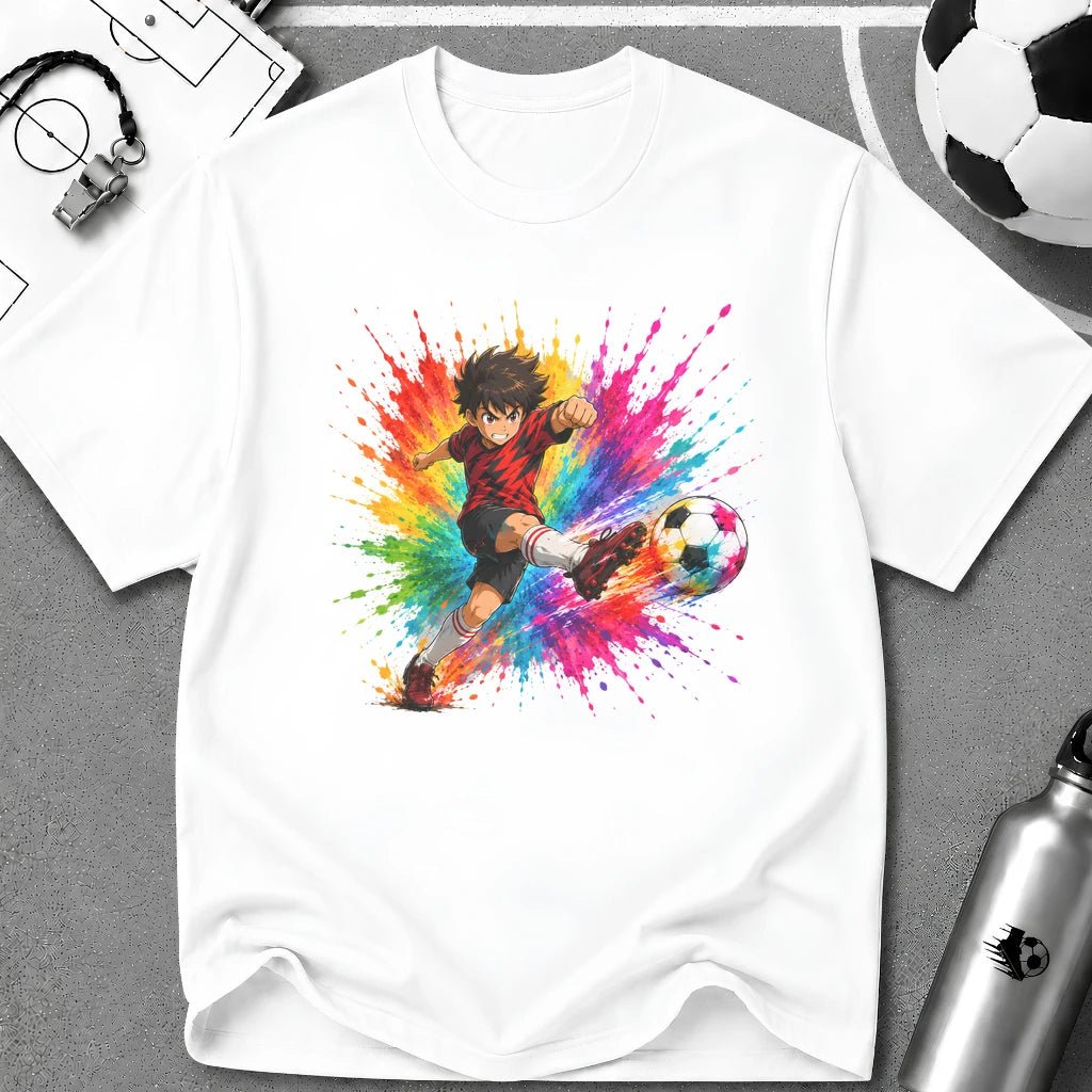 Colourful Cartoon Soccer Boy Powerful Strike T-Shirt - soccer fan t-shirt | GoalRush Studio