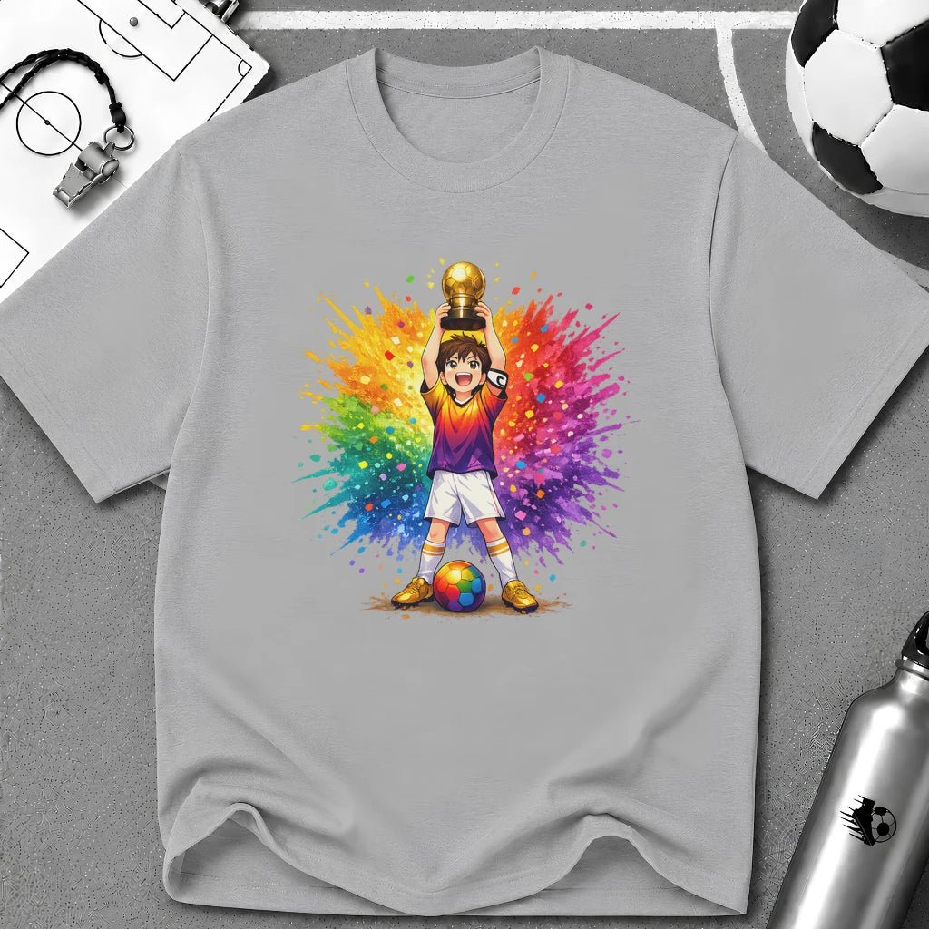 Colourful Cartoon Soccer Boy Trophy Lift T-Shirt - soccer fan t-shirt | GoalRush Studio