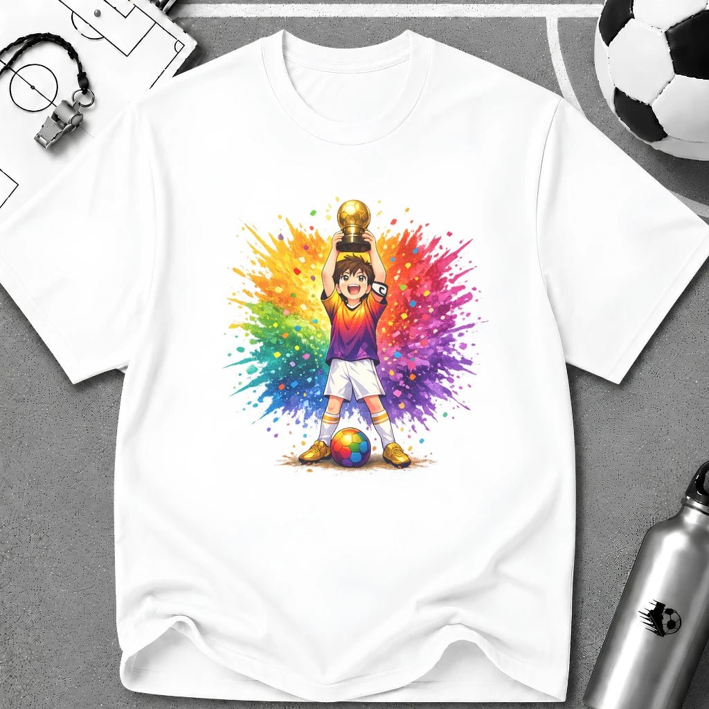Colourful Cartoon Soccer Boy Trophy Lift T-Shirt - soccer fan t-shirt | GoalRush Studio