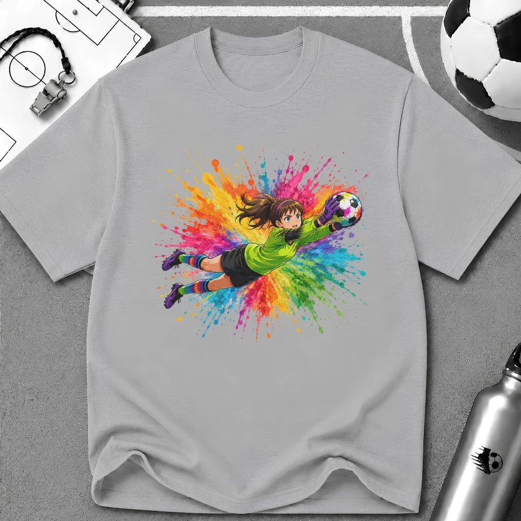 Colourful Cartoon Soccer Girl Goalkeeper Save T-Shirt - soccer fan t-shirt | GoalRush Studio