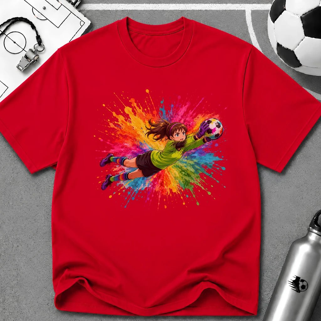 Colourful Cartoon Soccer Girl Goalkeeper Save T-Shirt - soccer fan t-shirt | GoalRush Studio