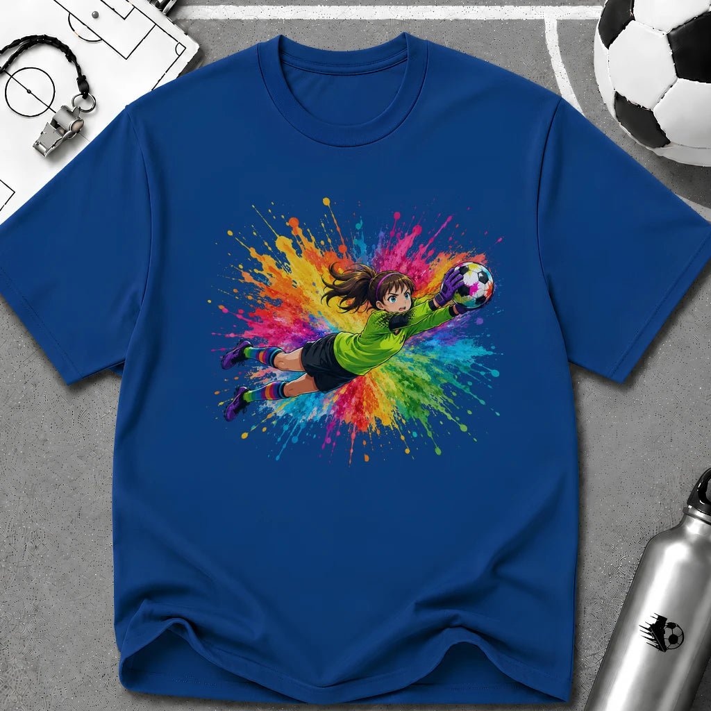 Colourful Cartoon Soccer Girl Goalkeeper Save T-Shirt - soccer fan t-shirt | GoalRush Studio