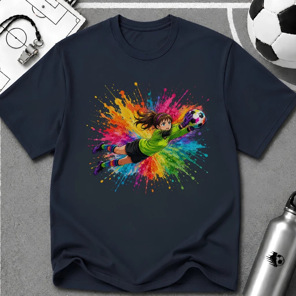 Colourful Cartoon Soccer Girl Goalkeeper Save T-Shirt - soccer fan t-shirt | GoalRush Studio
