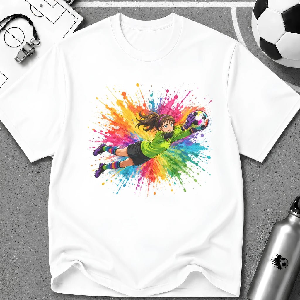 Colourful Cartoon Soccer Girl Goalkeeper Save T-Shirt - soccer fan t-shirt | GoalRush Studio