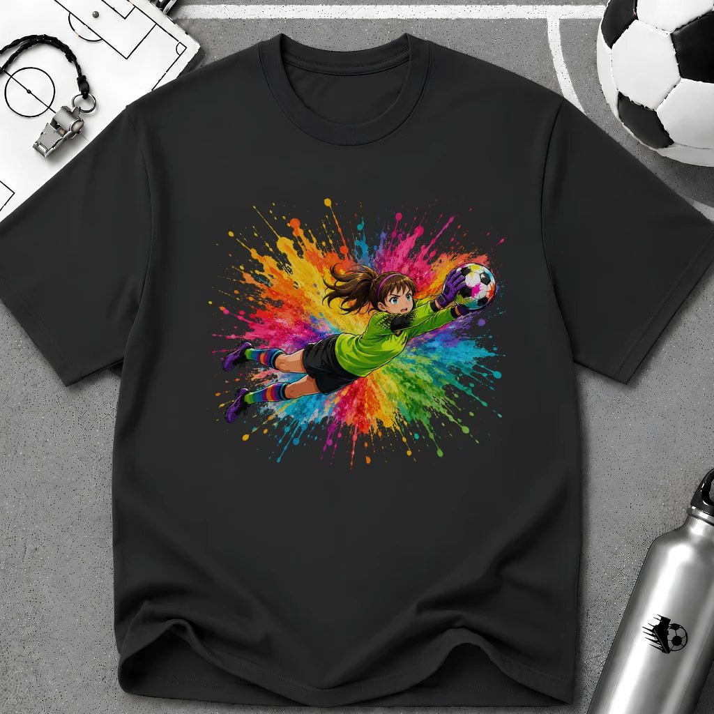 Colourful Cartoon Soccer Girl Goalkeeper Save T-Shirt - soccer fan t-shirt | GoalRush Studio