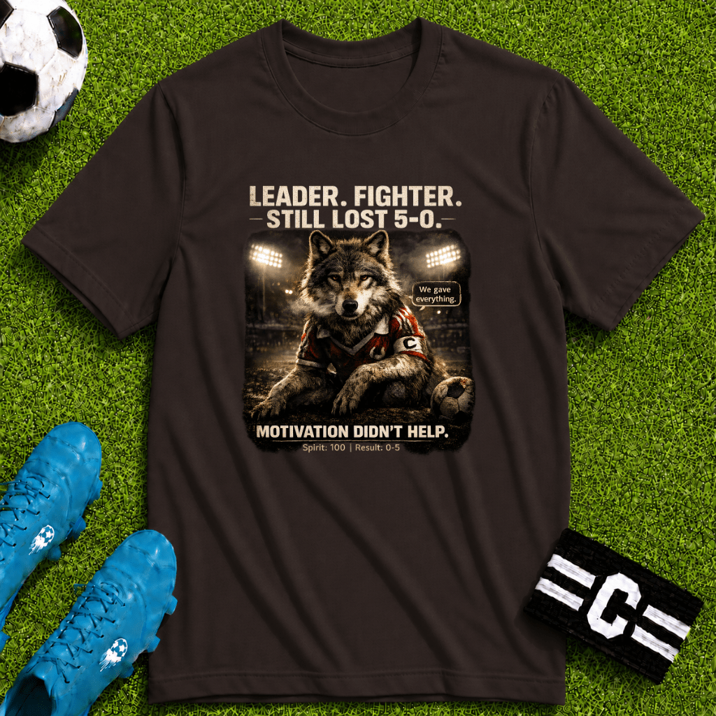 Football Wolf "Leader. Fighter. Still Lost 5-0." T-Shirt - soccer fan t-shirt | GoalRush Studio