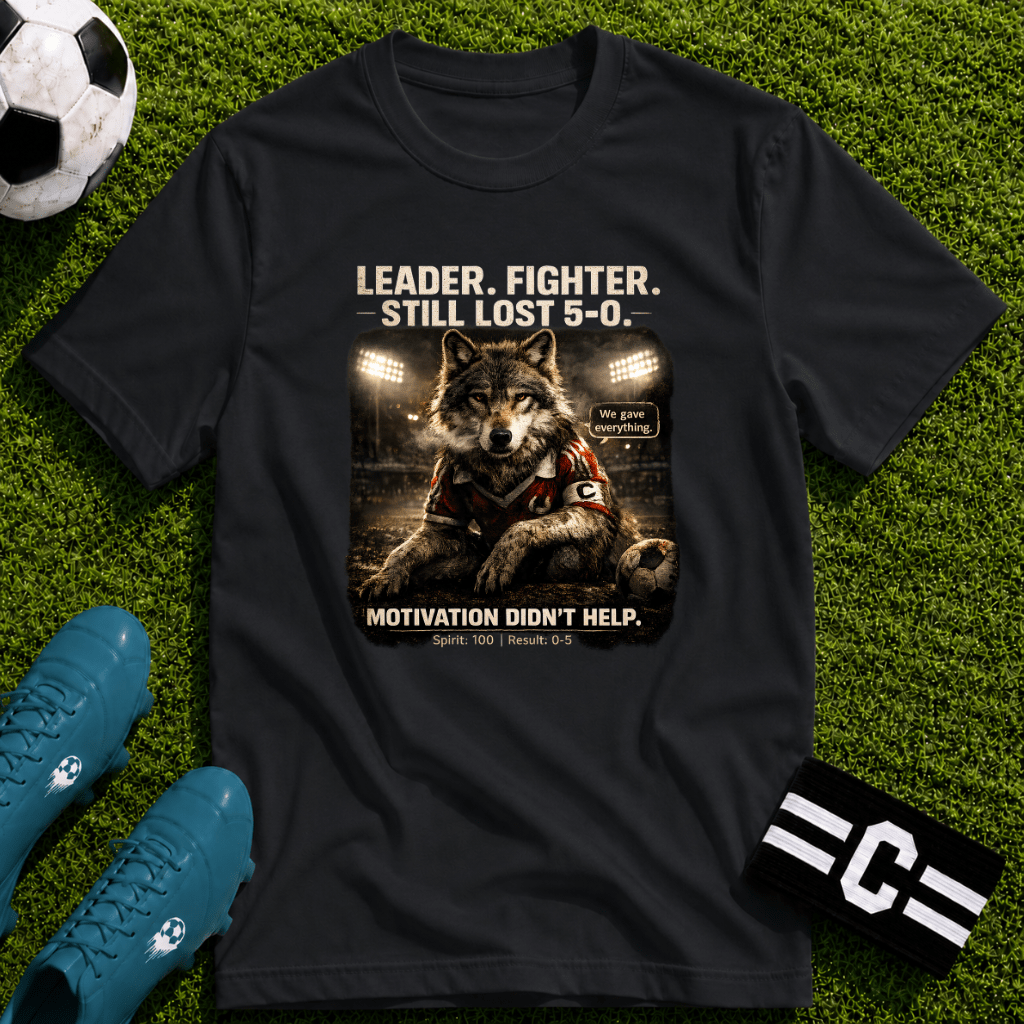 Football Wolf "Leader. Fighter. Still Lost 5-0." T-Shirt - soccer fan t-shirt | GoalRush Studio