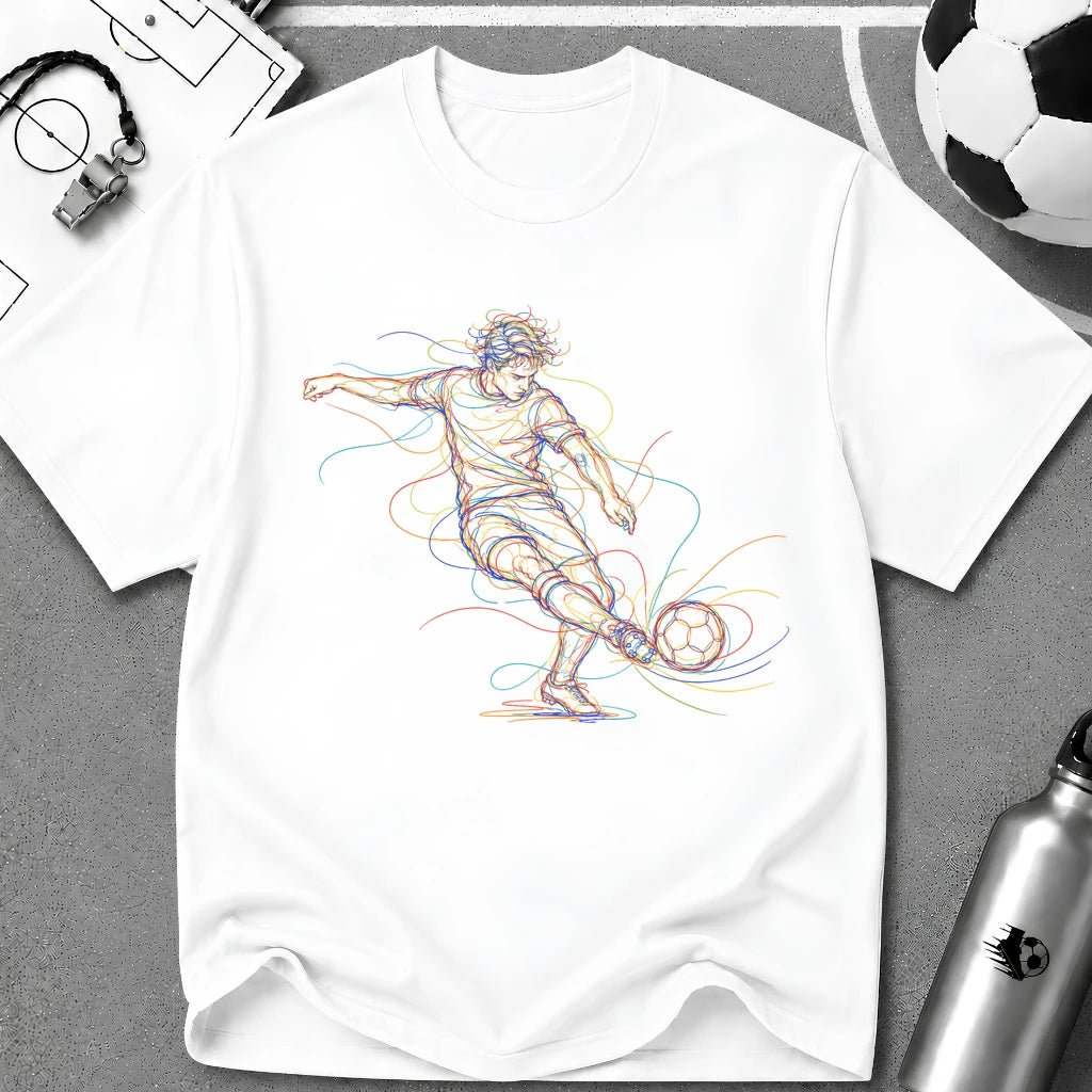 Free Kick Strike. Dead Ball Multi-Line Colour Art T-Shirt - soccer fan t-shirt | GoalRush Studio