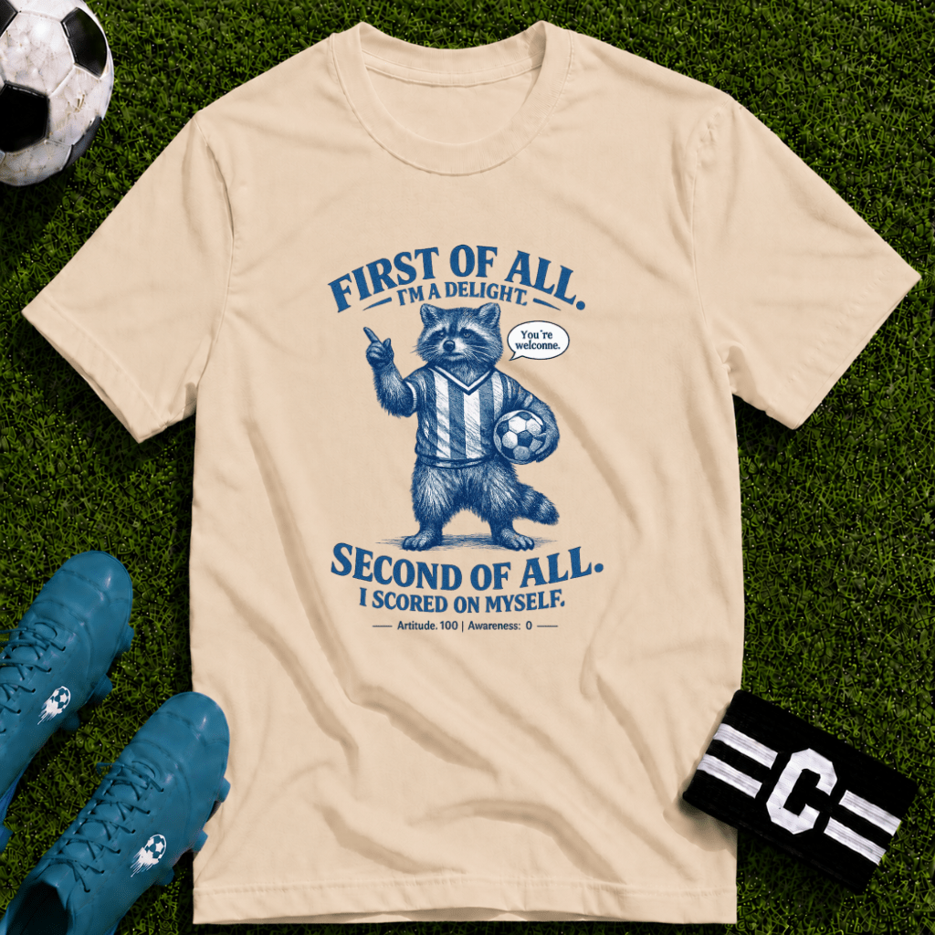 Funny Raccoon “First of All, I’m a Delight” T-Shirt - soccer fan t-shirt | GoalRush Studio