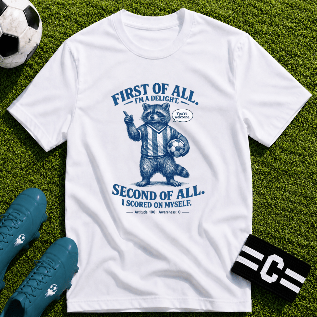 Funny Raccoon “First of All, I’m a Delight” T-Shirt - soccer fan t-shirt | GoalRush Studio