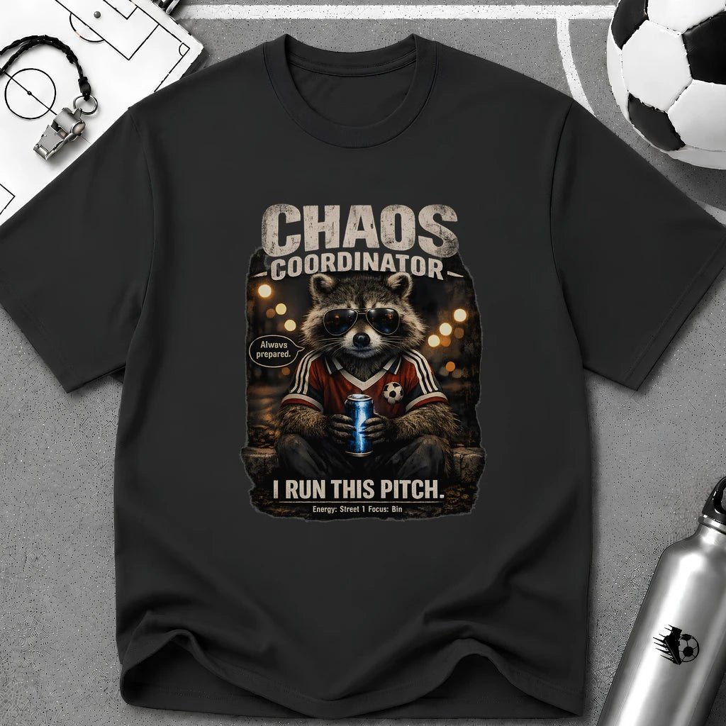 Funny Raccoon T-Shirt "Chaos Coordinator" - soccer fan t-shirt | GoalRush Studio