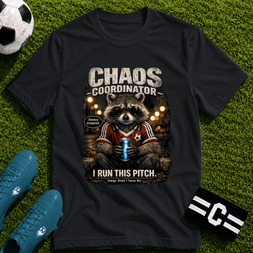 Funny Raccoon T-Shirt "Chaos Coordinator" - soccer fan t-shirt | GoalRush Studio