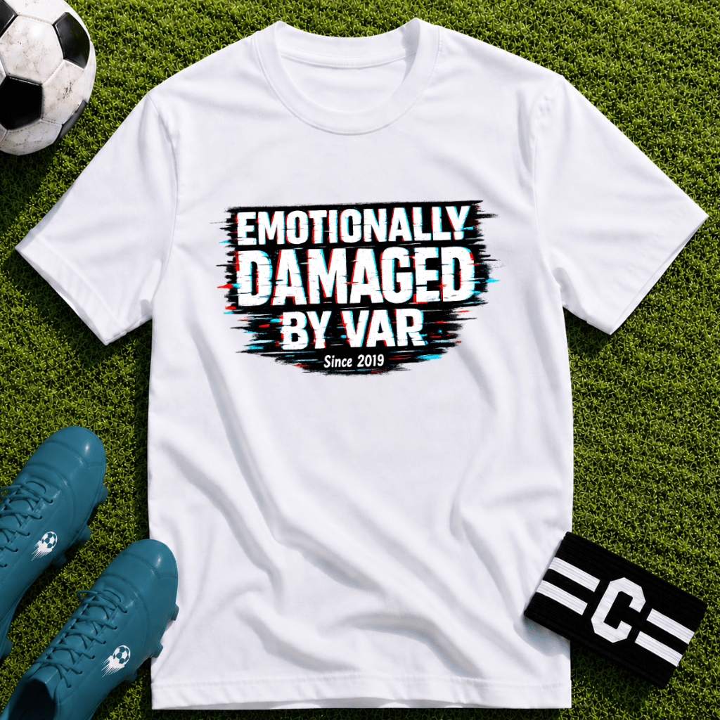 Funny Retro Glitch Graphic "Emotionally Damaged By Var" T-Shirt - soccer fan t-shirt | GoalRush Studio