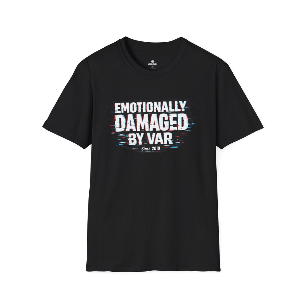 Funny Retro Glitch Graphic "Emotionally Damaged By Var" T-Shirt - soccer fan t-shirt | GoalRush Studio