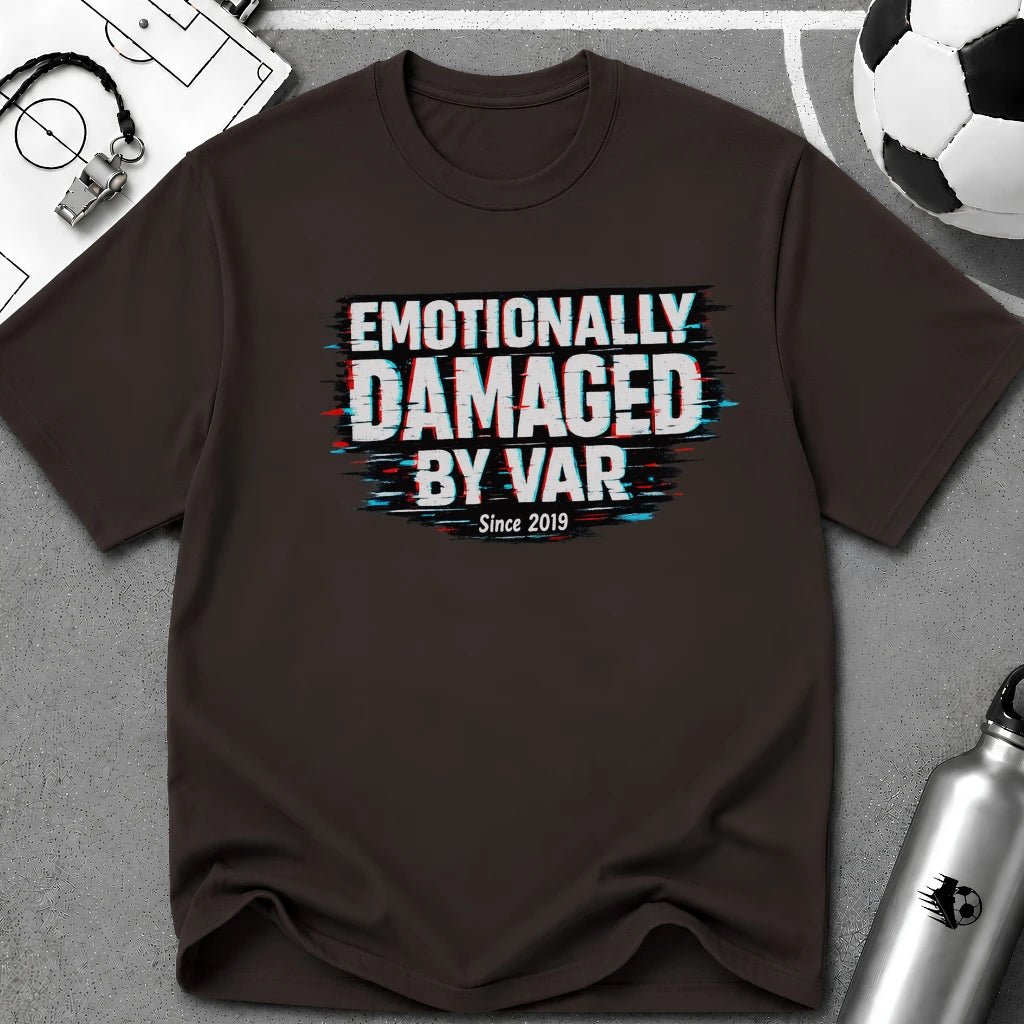 Funny Retro Glitch Graphic "Emotionally Damaged By Var" T-Shirt - soccer fan t-shirt | GoalRush Studio