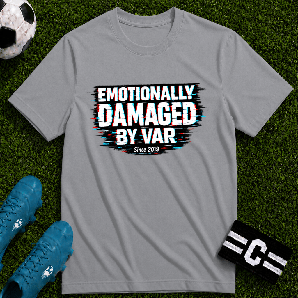 Funny Retro Glitch Graphic "Emotionally Damaged By Var" T-Shirt - soccer fan t-shirt | GoalRush Studio