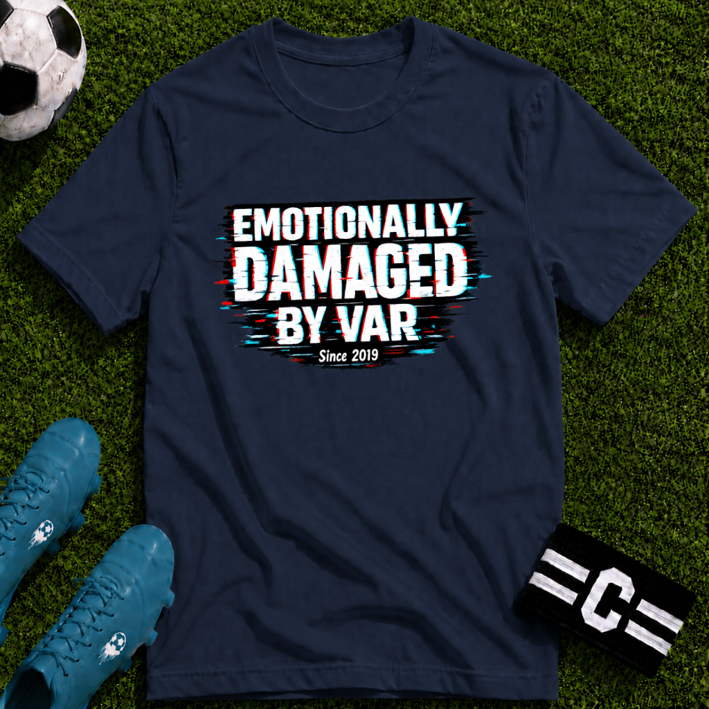 Funny Retro Glitch Graphic "Emotionally Damaged By Var" T-Shirt - soccer fan t-shirt | GoalRush Studio