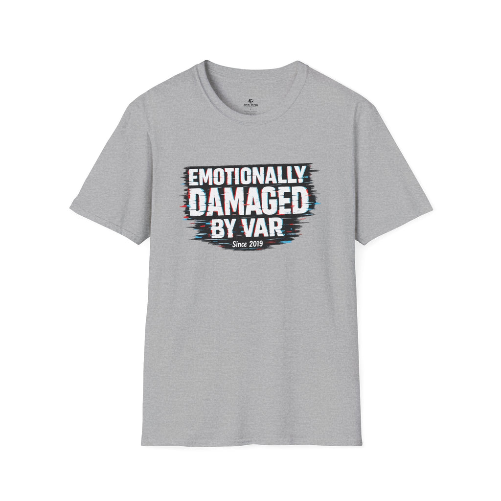 Funny Retro Glitch Graphic "Emotionally Damaged By Var" T-Shirt - soccer fan t-shirt | GoalRush Studio