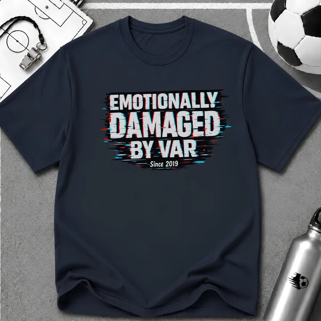 Funny Retro Glitch Graphic "Emotionally Damaged By Var" T-Shirt - soccer fan t-shirt | GoalRush Studio