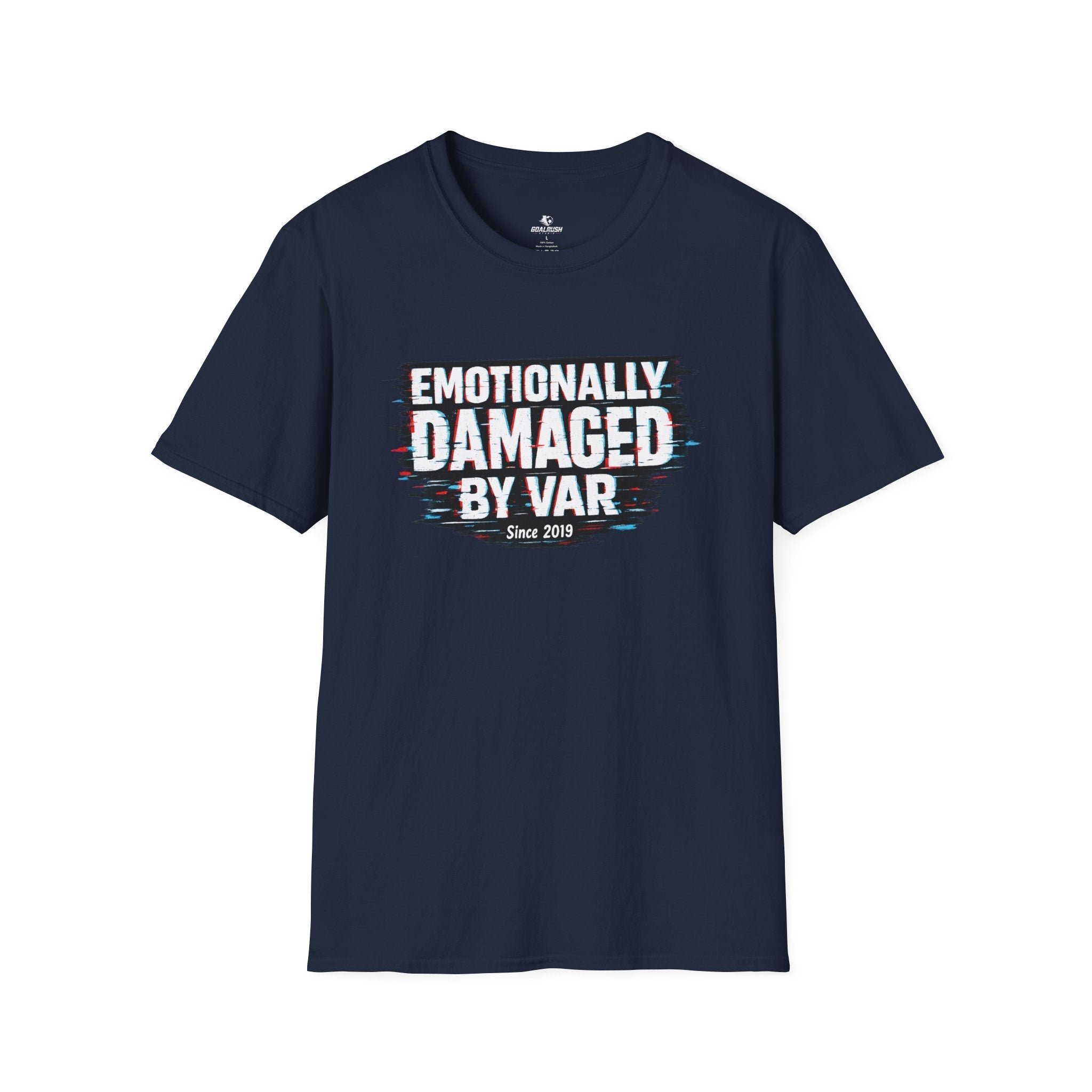 Funny Retro Glitch Graphic "Emotionally Damaged By Var" T-Shirt - soccer fan t-shirt | GoalRush Studio