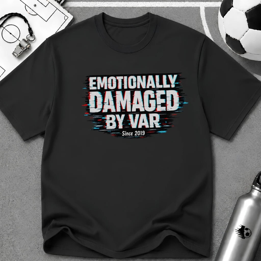 Funny Retro Glitch Graphic "Emotionally Damaged By Var" T-Shirt - soccer fan t-shirt | GoalRush Studio