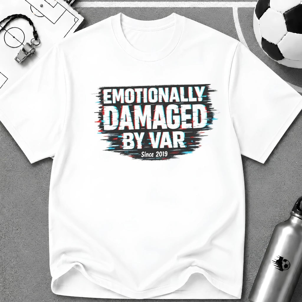 Funny Retro Glitch Graphic "Emotionally Damaged By Var" T-Shirt - soccer fan t-shirt | GoalRush Studio
