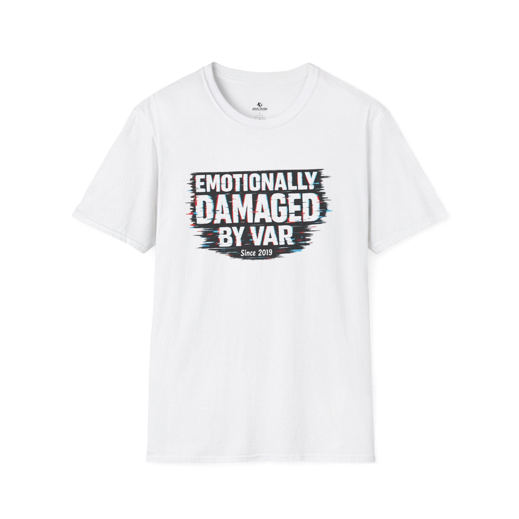 Funny Retro Glitch Graphic "Emotionally Damaged By Var" T-Shirt - soccer fan t-shirt | GoalRush Studio