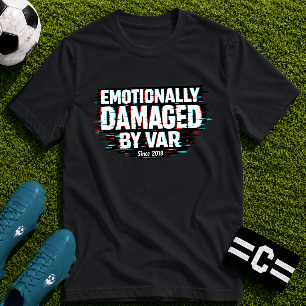 Funny Retro Glitch Graphic "Emotionally Damaged By Var" T-Shirt - soccer fan t-shirt | GoalRush Studio