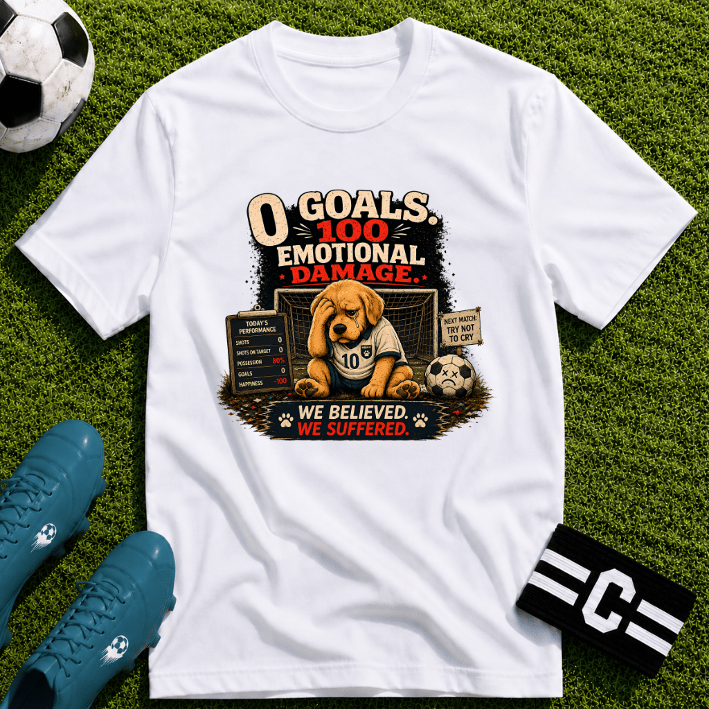 Funny Soccer Dog T-Shirt “0 Goals, 100% Emotional Damage” - soccer fan t-shirt | GoalRush Studio