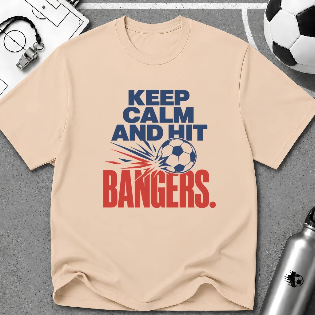 Keep Calm and Hit Bangers Typography T-Shirt - soccer fan t-shirt | GoalRush Studio
