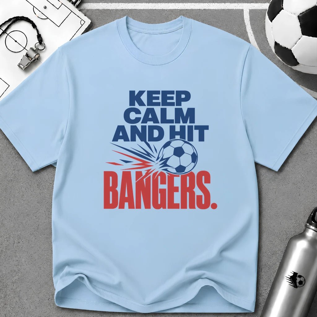 Keep Calm and Hit Bangers Typography T-Shirt - soccer fan t-shirt | GoalRush Studio