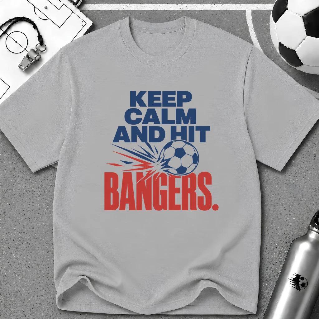 Keep Calm and Hit Bangers Typography T-Shirt - soccer fan t-shirt | GoalRush Studio