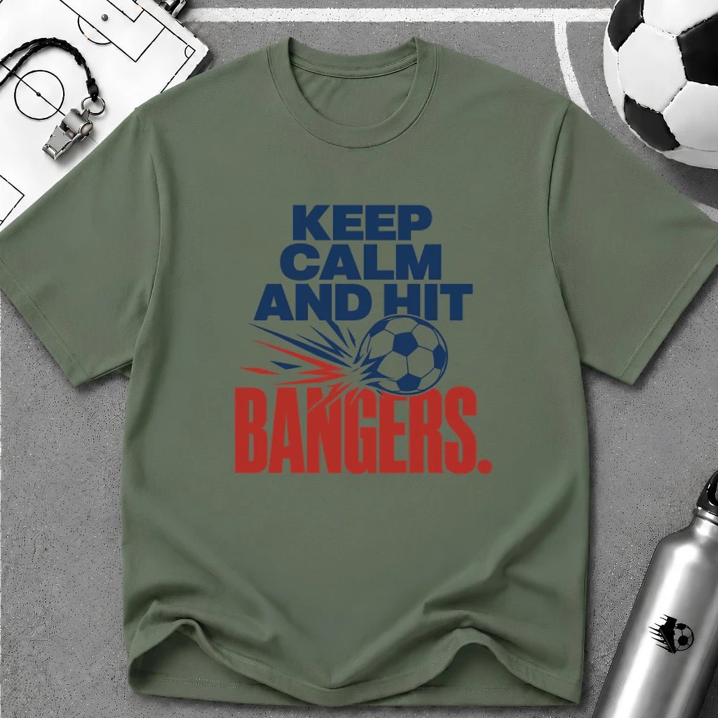 Keep Calm and Hit Bangers Typography T-Shirt - soccer fan t-shirt | GoalRush Studio