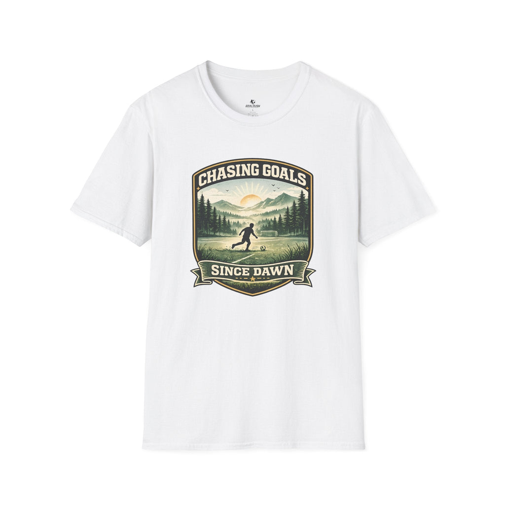 Nature Runner Graphic T-Shirt "Chasing Goals Since Dawn" - soccer fan t-shirt | GoalRush Studio