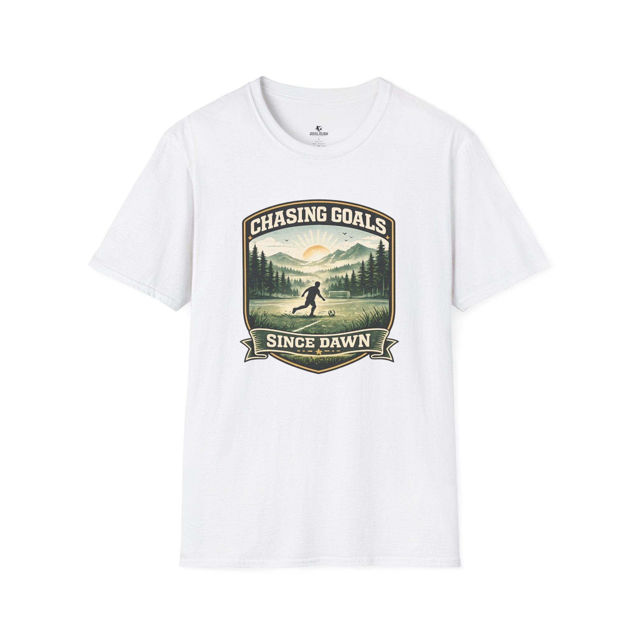 Nature Runner Graphic T-Shirt "Chasing Goals Since Dawn" - soccer fan t-shirt | GoalRush Studio