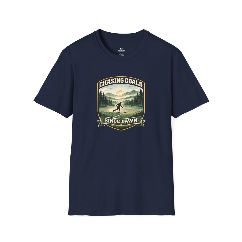 Nature Runner Graphic T-Shirt "Chasing Goals Since Dawn" - soccer fan t-shirt | GoalRush Studio